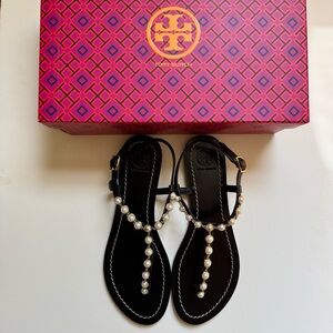 Tory Burch Black Sandals with Pearl Detail